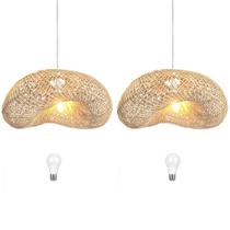 2 Pendente Rattan Em Fibra Natural Boho Bancada Nat70 + Led