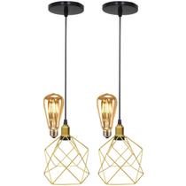 2 Pendentes Aramado Cálice Luminária Lustre Retrô Balcão Dourado + 2 Lâmpada Led ST64 Vintage Teto