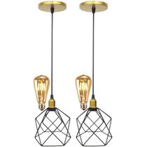 2 Pendentes Aramado Cálice Luminária Lustre Retrô Balcão Preto Dourado + 2 Lâmpadas Led ST64 Teto 2 Pendentes Aramado Cálice Luminária Lustre Retrô Balcão Preto Dourado + 2 Lâmpadas Led ST64 Teto