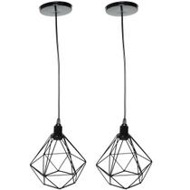 2 Pendentes Aramado Diamante Cabo 1,5 Mt Luminária Lustre P Teto Retrô Preto Agp Ilumini