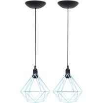 2 Pendentes Aramado Diamante Luminária Lustre P Teto Retrô Vintage Industrial Balcão Azul Tiffany