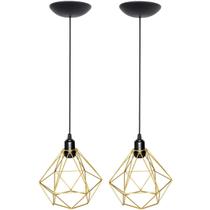 2 Pendentes Aramado Diamante Luminária Lustre P Teto Retrô Vintage Industrial Balcão Dourado