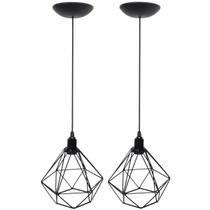2 Pendentes Aramado Diamante Luminária Lustre P Teto Retrô Vintage Industrial Balcão Preto