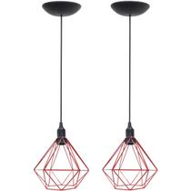 2 Pendentes Aramado Diamante Luminária Lustre P Teto Retrô Vintage Industrial Balcão Vermelho