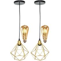 2 Pendentes Aramado Diamante Luminária Lustre Retrô Balcão + 2 Lâmpadas Led ST64 Vintage Teto