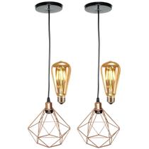 2 Pendentes Aramado Diamante Luminária Lustre Retrô Balcão + 2 Lâmpadas Led ST64 Vintage Teto