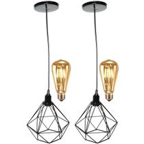 2 Pendentes Aramado Diamante Luminária Lustre Retrô Balcão + 2 Lâmpadas Led ST64 Vintage Teto