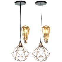 2 Pendentes Aramado Diamante Luminária Lustre Retrô Balcão Cobre Rose Gold + 2 Lâmpadas Led ST64 2 Pendentes Aramado Diamante Luminária Lustre Retrô Balcão Cobre Rose Gold + 2 Lâmpadas Led ST64