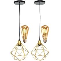 2 Pendentes Aramado Diamante Luminária Lustre Retrô Balcão Dourado + 2 Lâmpada Led ST64 Vintage Teto