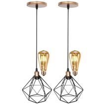 2 Pendentes Aramado Diamante Luminária Lustre Retrô Balcão Preto Cobre Rose Gold + Lâmpada Led Teto - Agp Ilumini/Gmh Tr