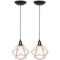 2 Pendentes Aramado Diamante Luminária Lustre Teto Retrô Vintage Industrial Balcão Cobre Rose Gold