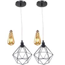 2 Pendentes Aramado Diamante Lustre Cabo Cristal Preto + 2 Lâmpadas Led ST64 Vintage Retrô