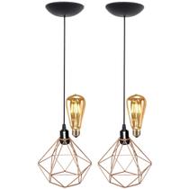 2 Pendentes Aramado Diamante Teto Luminária Retrô Balcão Agp + 2 Lâmpadas Led ST64 Vintage