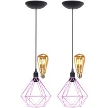 2 Pendentes Aramado Diamante Teto Luminária Retrô Balcão Agp + 2 Lâmpadas Led ST64 Vintage