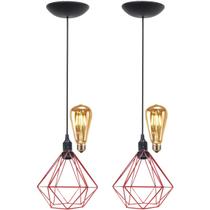 2 Pendentes Aramado Diamante Teto Luminária Retrô Balcão Agp + 2 Lâmpadas Led ST64 Vintage