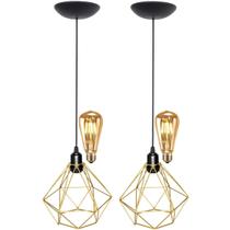 2 Pendentes Aramado Diamante Teto Luminária Retrô Balcão Agp + 2 Lâmpadas Led ST64 Vintage