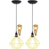 2 Pendentes Aramado Diamante Teto Luminária Retrô Balcão Agp Amarelo + 2 Lâmpadas Led ST64 Vintage