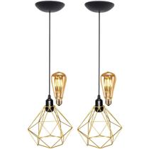 2 Pendentes Aramado Diamante Teto Luminária Retrô Balcão Agp Dourado + 2 Lâmpadas Led ST64 Vintage