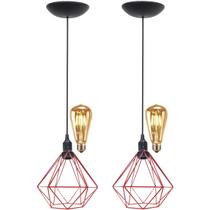 2 Pendentes Aramado Diamante Teto Luminária Retrô Balcão Agp Vermelho + 2 Lâmpadas Led ST64 Vintage