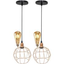 2 Pendentes Aramado Globo Luminária Lustre Retrô Balcão + 2 Lâmpadas Led ST64 Vintage Teto