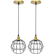 2 Pendentes Aramado Globo Preto Luminária Lustre Industrial Teto Vintage Dourado Agp Ilumini