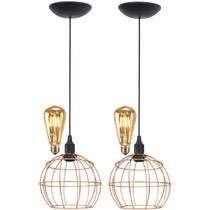 2 Pendentes Aramado Teto Globo Luminária Lustre Retrô Balcão + Lâmpada Led ST64 Cobre Rose Gold