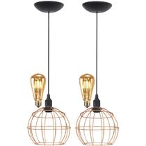 2 Pendentes Aramado Teto Globo Luminária Lustre Retrô Balcão + Lâmpada Led ST64 Vintage