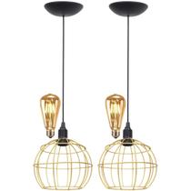 2 Pendentes Aramado Teto Globo Luminária Lustre Retrô Balcão + Lâmpada Led ST64 Vintage Dourado