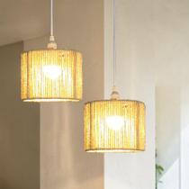 2 Pendentes Luminária de Teto Fibra Natural Sisal Rattan Palha Rústico Lavabo Hall 20cm com FIO