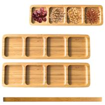 2 Petisqueiras Bandeja de Bambu Retangular Com 4 Divisórias 33cm