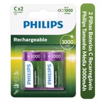 2 Pilhas Baterias C Recarregáveis Philips Tamanho Média 3000mAh