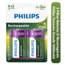 2 Pilhas Baterias D Recarregáveis Philips Tamanho Grande 3000mAh