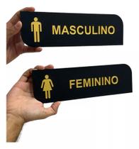 2 Placa Sinalização Sanitário Masculino E Feminino Acrílico Dourado e preto