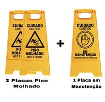 2 Placas Amarelas (Cuidado Piso Molhado) + 1 Placa Amarela ( Cuidado em Manutenção) KIT c/ 3 pçs.