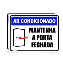 2 Placas De Sinalização Mantenha A Porta Fechada Ar Condicionado 20x15cm