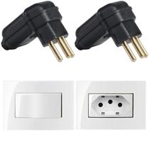 2 Plug Macho 3 Pinos 20a 90 Graus Preto + 1 Tomada Movel 3 Pinos 20a + 1 Interruptor Simples Branco