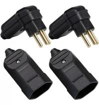 2 Plug Macho 90 Graus + 2 Tomada Femea 3 Pinos 10a Preta Prensa Cabos Margirius