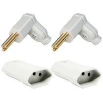 2 Plug Plugue Macho 3 Pinos 90 Graus + 2 Tomada Femea 10a Branco Margirius