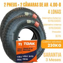 2 Pneus e 2 Câmaras de Ar TOAK 4.80 4.00.8, Aro 8, fabricado em 4 lonas, ideal para carrinho de carga de Armazém e Industrial 2 Pneus e 2 Câmaras de Ar TOAK 4.80 4.00.8, Aro 8, fabricado em 4 lonas, ideal para carrinho de carga de Armazém e Industrial