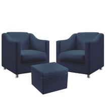 2 Poltronas Estofada Alya com Puff Quasar Sued Azul Marinho Aradecor