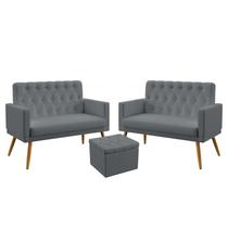 2 Poltronas Namoradeira Nina Almofadada Com Rodapé E Capitonê Com Puff Quasar Sued Cinza Aradecor