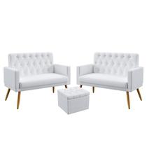 2 Poltronas Namoradeira Nina Com Rodapé E Capitonê Com Puff Quasar Couro Branco Aradecor