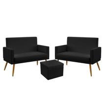 2 Poltronas Namoradeira Nina Estofada Com Rodapé Com Puff Quasar Couro Preto Aradecor