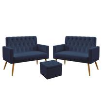 2 Poltronas Namoradeira Nina Estofada Com Rodapé E Capitonê Com Puff Quasar Sued Azul Marinho Aradecor