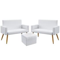 2 Poltronas Namoradeira Nina Para Sala de Estar Sem Rodapé Com Puff Quasar Couro Branco Aradecor
