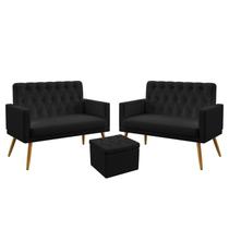 2 Poltronas Namoradeira Vega Almofadada Com Rodapé E Capitonê Com Puff Quasar Couro Preto Aradecor