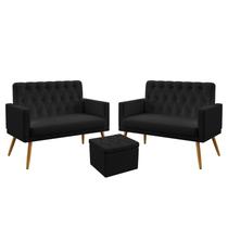 2 Poltronas Namoradeira Vega Almofadada Com Rodapé E Capitonê Com Puff Quasar Sued Preto Aradecor