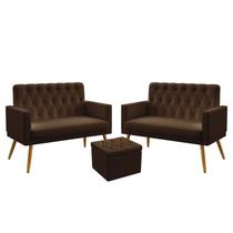 2 Poltronas Namoradeira Vega Estofada Com Rodapé E Capitonê Com Puff Quasar Couro Marrom Aradecor