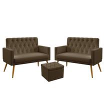 2 Poltronas Namoradeira Vega Para Sala de Estar Com Rodapé E Capitonê Com Puff Quasar Sued Capuccino Aradecor