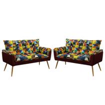 2 Poltronas Namoradeiras Opala F-015 Sued Estampado Colorido com Veludo Aradecor